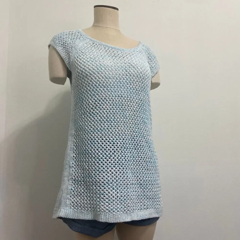 albots Light Blue Crochet Knit Short Sleeve Top | Open Weave Pullover Blouse